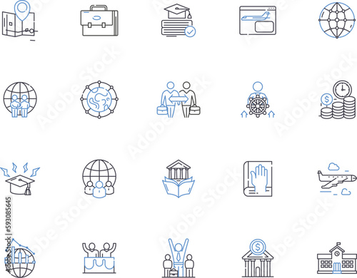 Government outline icons collection. Authority, Legislation, Bureaucracy, Democracy, Regulation, Rule, Security vector and illustration concept set. Economics, Politics, Law linear signs