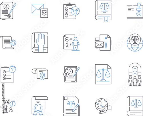 Law department outline icons collection. Law, Department, Judiciary, Regulation, Legislation, Litigation, Criminal vector and illustration concept set. Contract, Enforcement, Constitutional linear