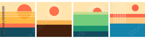 70s retro or vintage Vector illustration. Abstract contemporary aesthetic backgrounds. Flat landscape. Sun in the sky minimalist