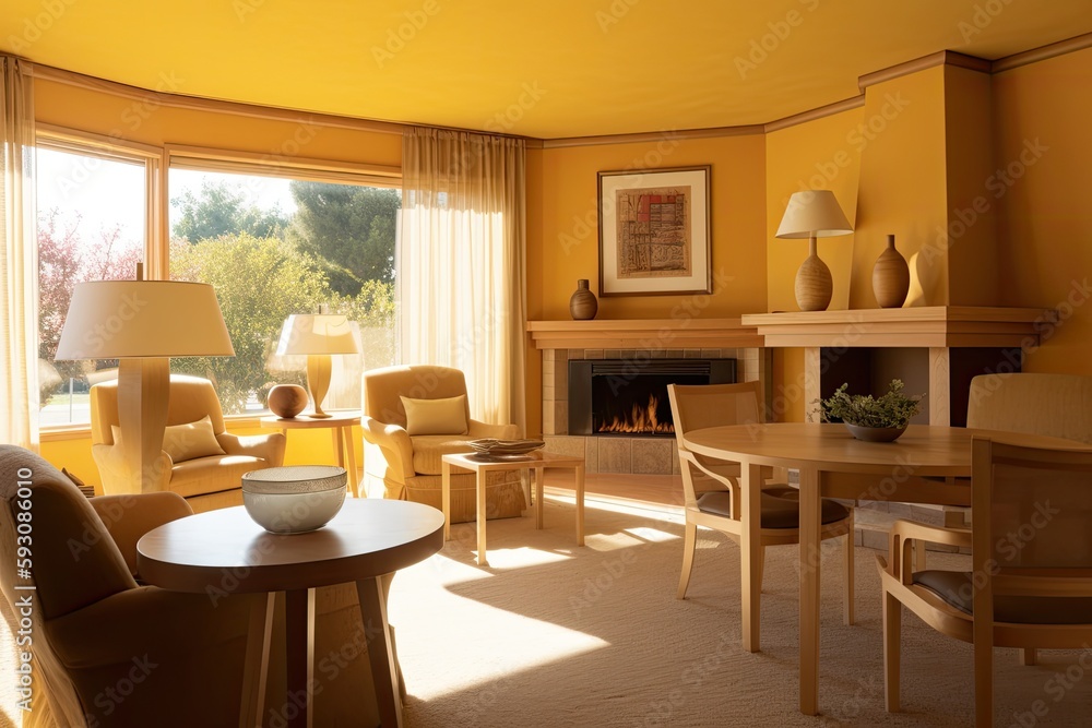 Fototapeta premium Interior of a cozy living area with a fireplace, warm yellow walls, and hardwood floors. Generative AI
