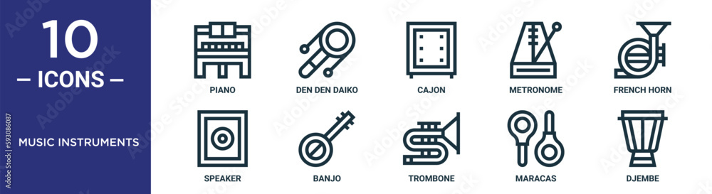 music instruments outline icon set includes thin line piano, cajon ...