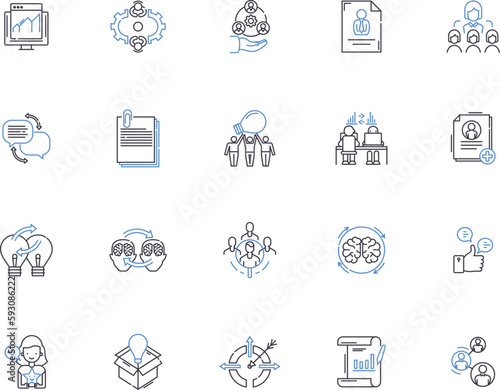 Management outline icons collection. Organizing, Planning, Controlling, Leading, Staffing, Directing, Financing vector and illustration concept set. Regulating, Co-ordinating, Scheduling linear signs