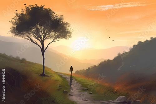 Coming home idea, illustrated painting of an autumnal countryside with a lone tree on a mountain. Generative AI