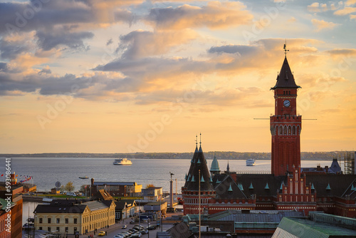 The Town hall is the main landmark of Helsingborg, Sweden. The historical Town Hall was built in neo-Gothic style in 1897. Helsingor, Denmark in the background.