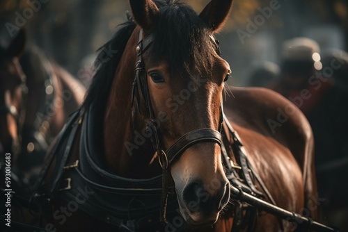 Horse. Equestrian sport. Trotter race. Jockey. Harness racing. Hippodrome. Generative AI © Landon
