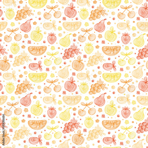 Fototapeta Naklejka Na Ścianę i Meble -  Hand Drawn Doodle Fruits with spiral pattern Seamless pattern. Abstract Orange Yellow striped fruits and berries: watermelon, apple, pear, grapes, strawberries, plums, cherries. Vector illustration