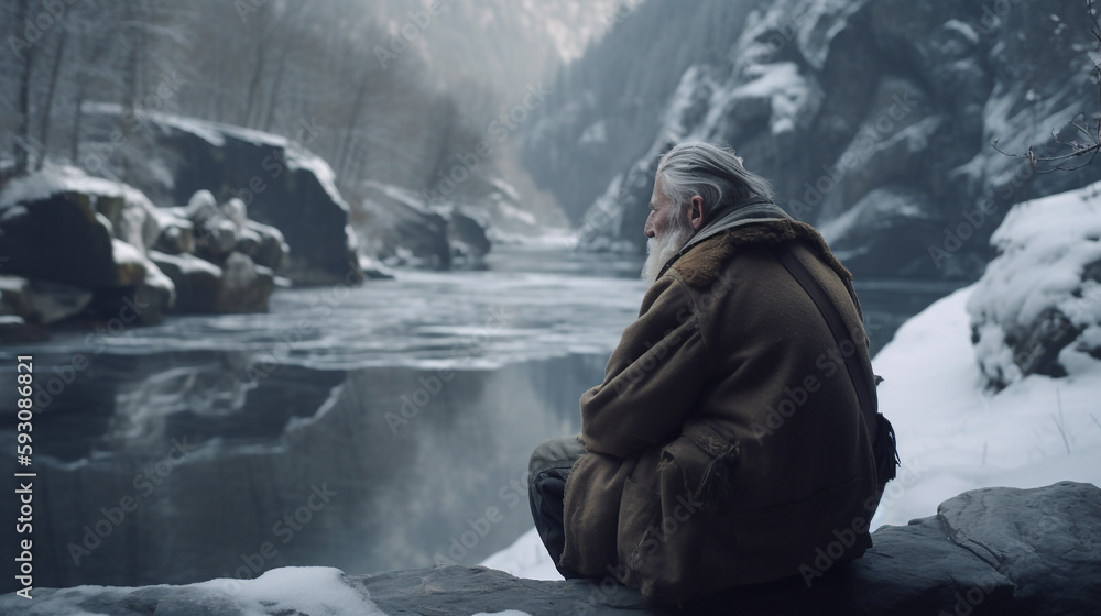 Old man with white beard and hat, looking over a frozen Lake in skandinavia. Old man with white beard and hat, looking over a frozen Lake in skandinavia.