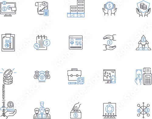 Finance, banking outline icons collection. Banking, Finance, Investment, Loans, Mortgage, Credit, Shares vector and illustration concept set. Equities, Budgeting, Taxation linear signs