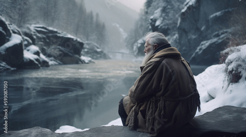 Old man with white beard and hat, looking over a frozen Lake in skandinavia