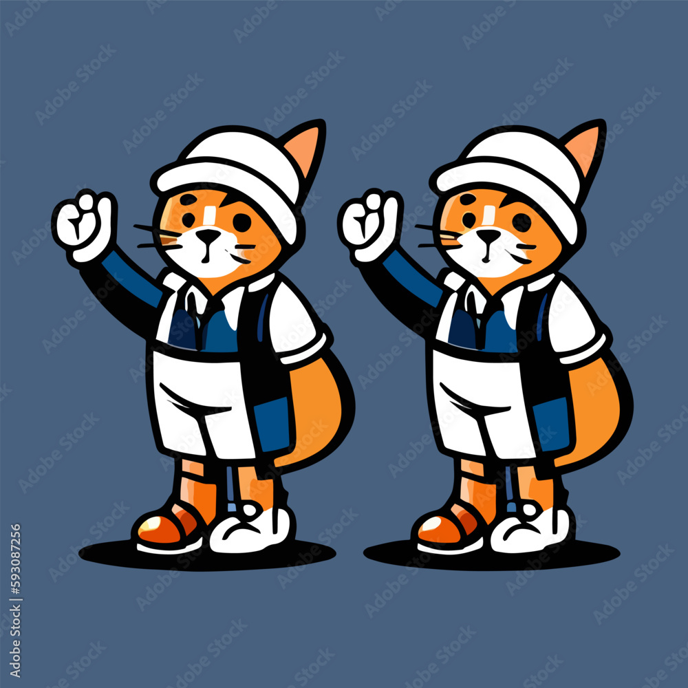 Cute mascot for a cat with a school uniform, flat cartoon design. Suitable for landing page, cards, books design