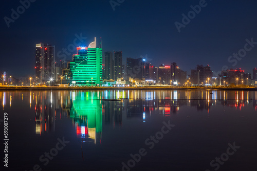 Manama illuminated downtown on the shore of Persian gulf  Manama  Bahrain