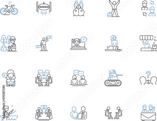 Adventure and outdoor activities outline icons collection. Hiking, Biking, camping, Trekking, Rock-climbing, Kayaking, Skiing vector and illustration concept set. Snowboarding, Canoeing, Surfing