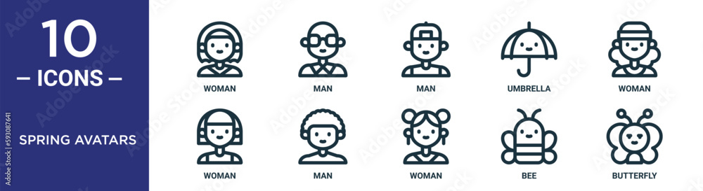 spring avatars outline icon set includes thin line woman, man, woman ...