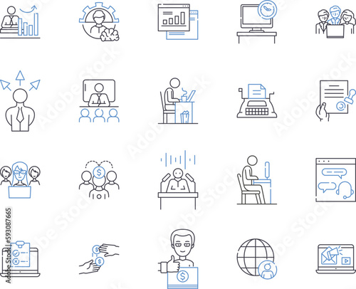 Working business outline icons collection. Operations, Entrepreneur, Strategy, Organization, Processes, Team, Profits vector and illustration concept set. Planning, Structure, Clients linear signs
