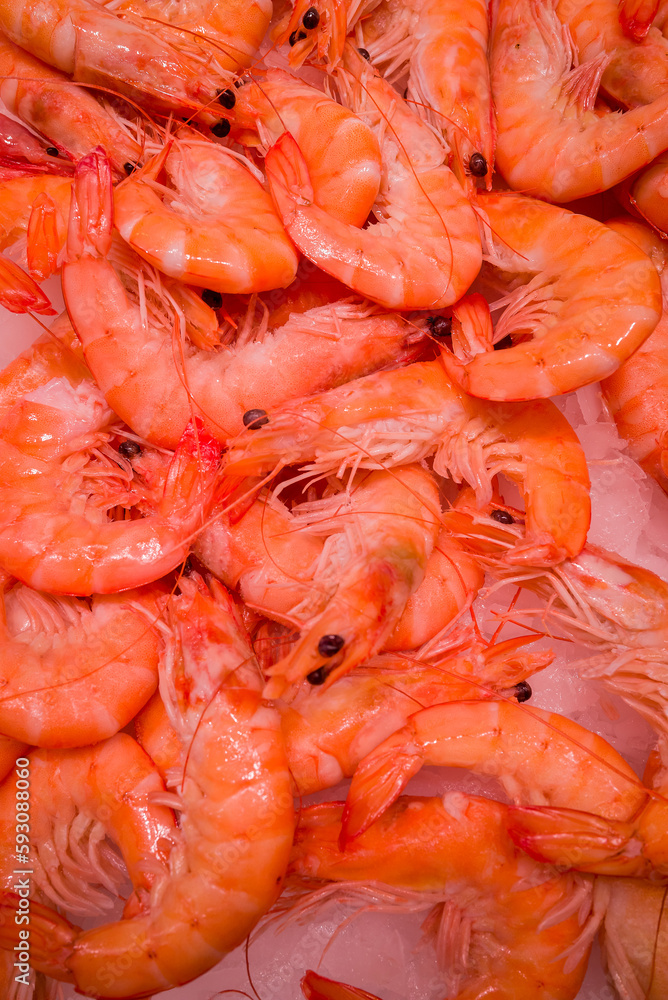 Background of fresh cooked prawns for sale at a market Background of fresh cooked prawns for sale at a market