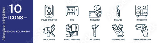 Foto medical equipment outline icon set includes thin line pulse oximeter, nebulizer,