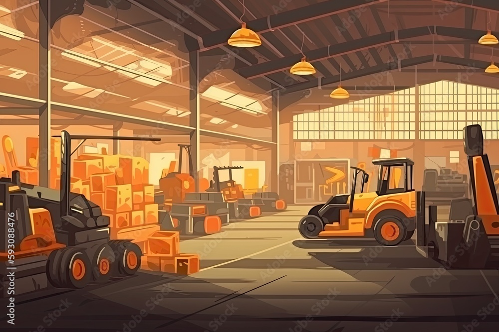 busy factory floor filled with industrial machines and workers. Generative AI