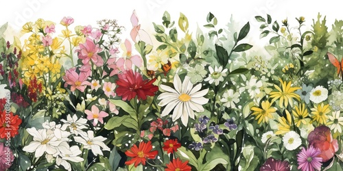 watercolor illustration of blooming garden filled with different kinds of flowers, concept of Nature and Floral Art, created with Generative AI technology