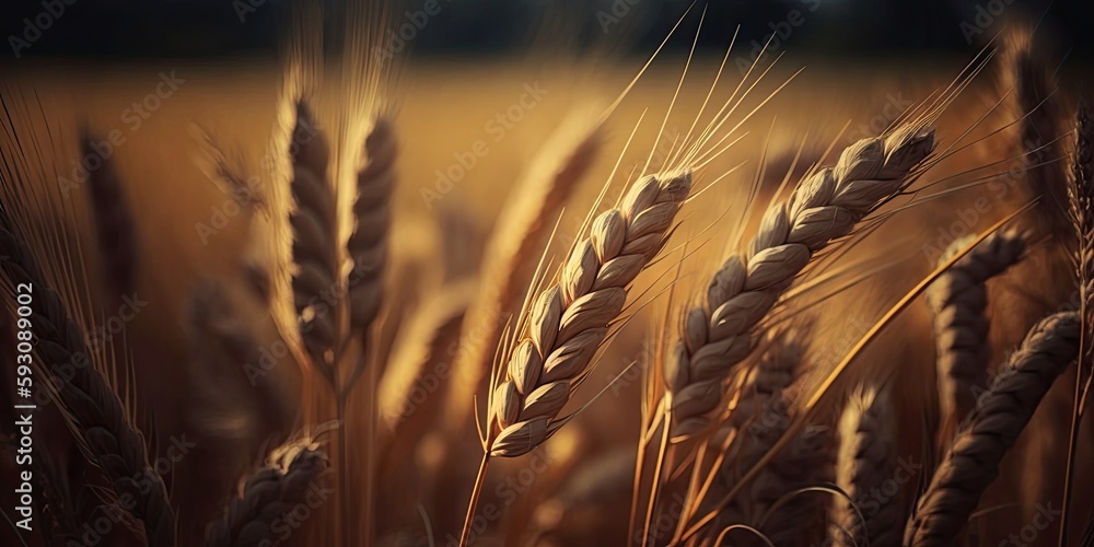 Ripe ears of wheat in the field, selective focus. Rural area, agricultural field. Grain harvest. Generative AI Ripe ears of wheat in the field, selective focus. Rural area, agricultural field. Grain harvest. Generative AI