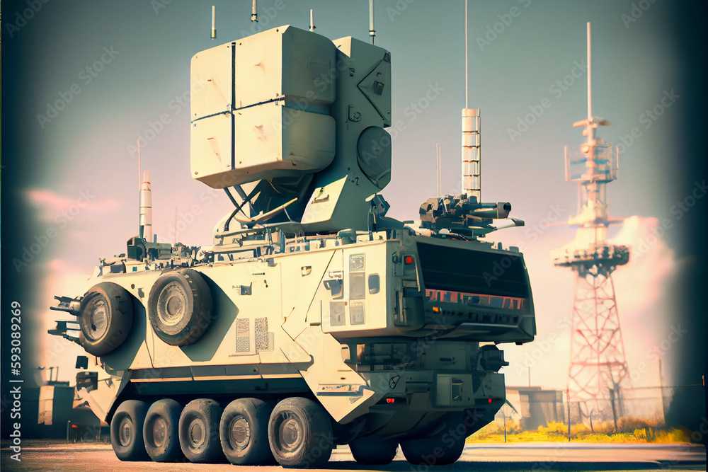 Air defense radars of military mobile antiaircraft systems in green ...