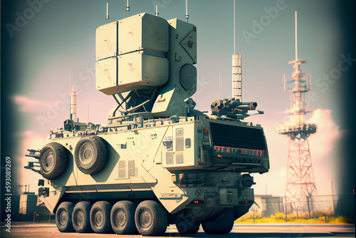 Fototapete Air defense radars of military mobile antiaircraft systems in green color and ballistic rocket launcher with four cruise missiles in centre of frame, modern army industry