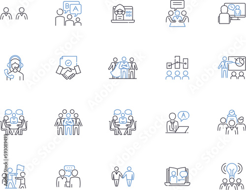 Corporative people outline icons collection. Corp, People, Employees, Colleagues, Executives, Managers, Professionals vector and illustration concept set. Workers, Teams, Departmental linear signs