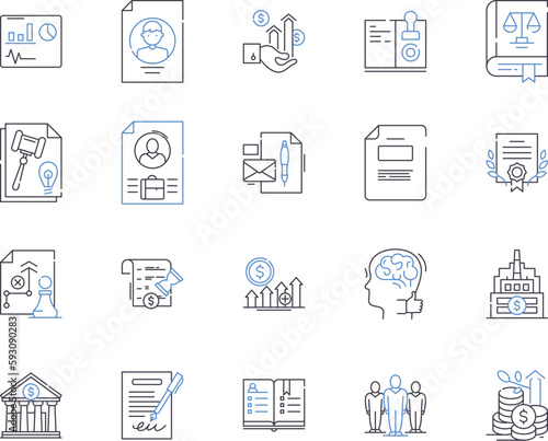 Attorney agency outline icons collection. Lawyer, Attorney, Legal, Firm, Practice, Counsel, Representation vector and illustration concept set. Law, Litigation, Services linear signs