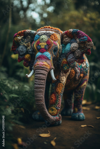 an elephant wearing a crocheted jacket, colorful, natural jungle environment