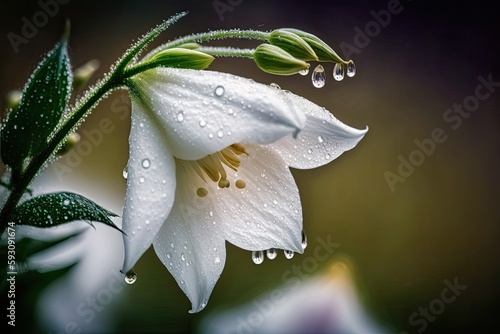 White bellflower in bloom with rains in a springtime macro shot. Summertime close up shot of a campanula in a garden with drops of water. Background of moist Convallaria majalis flowers. Generative AI