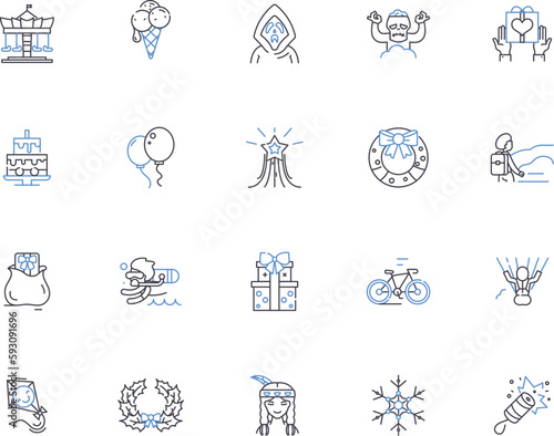 Holidays outline icons collection. Vacation, Festive, Trip, Celebration, Fete, Break, Holiday vector and illustration concept set. Convivial, Joyous, Gaiety linear signs