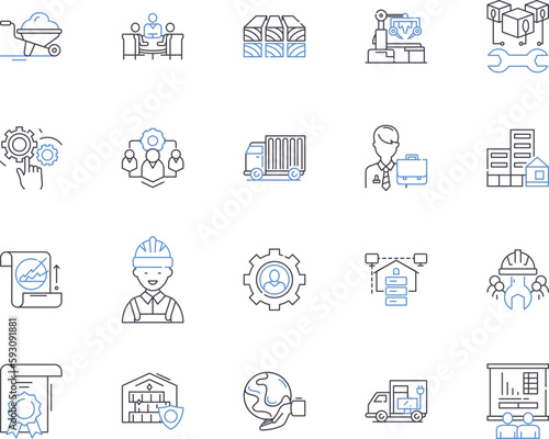 Production enterprise outline icons collection. Enterprise, Production, Manufacturing, Company, Factory, Organization, Business vector and illustration concept set. Industry, Plant, Conglomerate