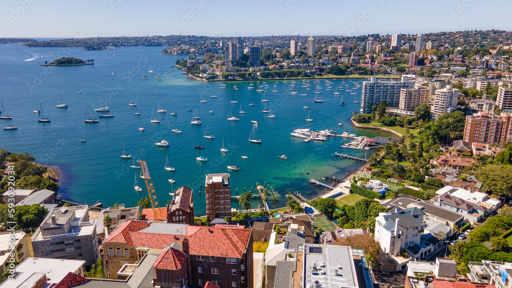 Fototapeta premium Aerial drone view of Darling Point and Rushcutters Bay in East Sydney, NSW Australia on a sunny day