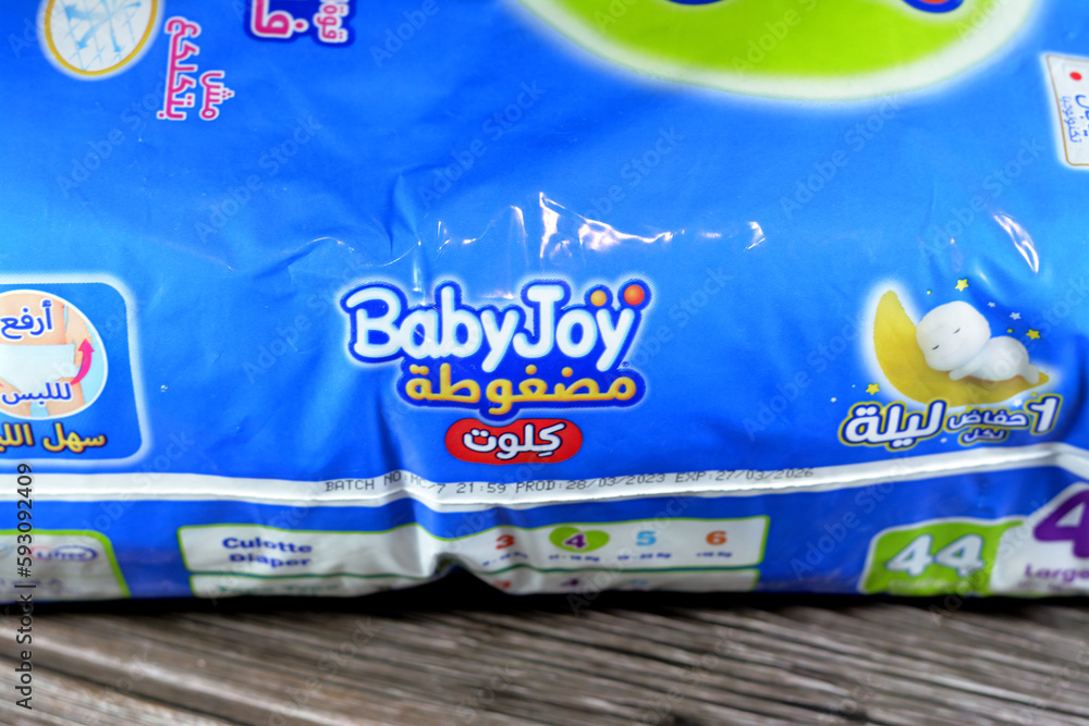 Foto de Cairo, Egypt, April 5 2023 Compressed Baby Joy diaper pants care diapers easy change