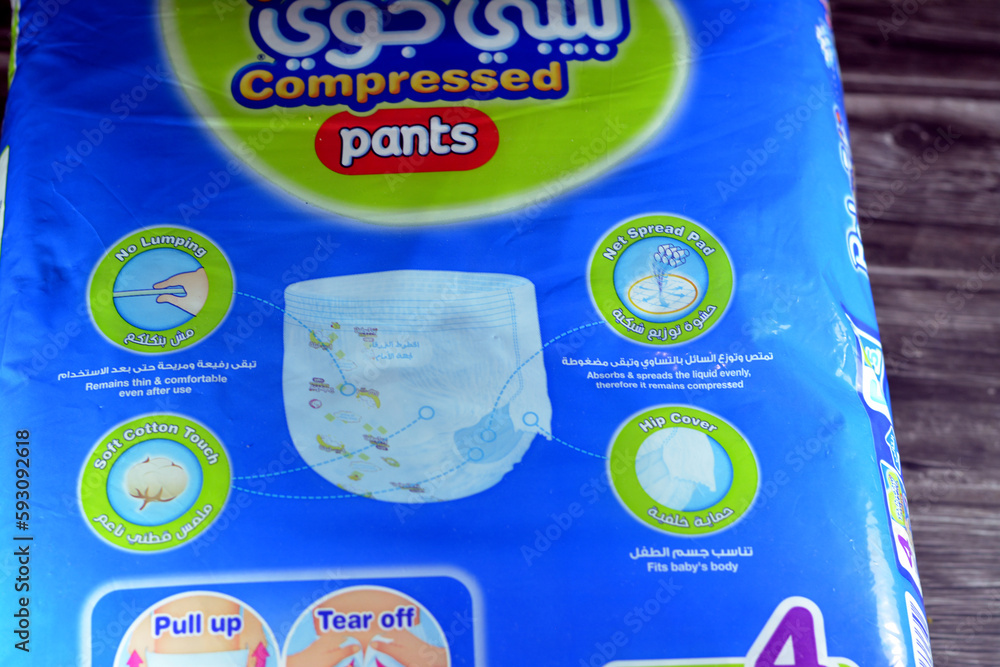 Foto de Cairo, Egypt, April 5 2023 Compressed Baby Joy diaper pants care diapers easy change