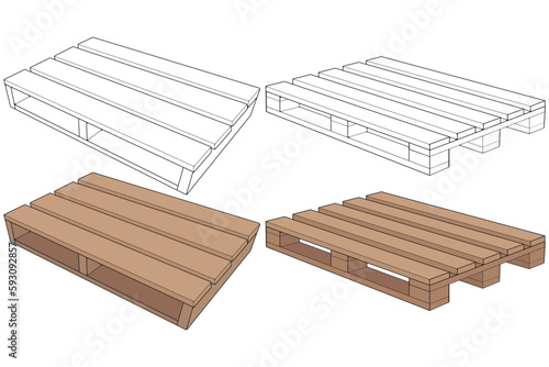 Set of Wooden pallet vector illustration on black background . Isolated isometric wood container. Isometric vector wooden pallet.