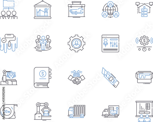 Industrial enterprise outline icons collection. Factory, Enterprise, Industry, Manufacturer, Business, Plant, Conglomerate vector and illustration concept set. Corporation, Company, Mill linear signs