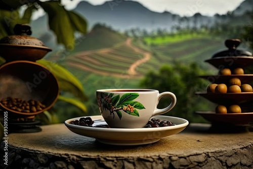 Espresso cup. Plantation of coffee. Beans of coffee backdrop Landscape of the coffee area. Generative AI