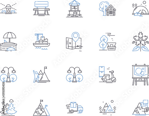 City parks outline icons collection. Urban, Parks, Outdoor, Public, Trails, Gardens, Recreation vector and illustration concept set. Playgrounds, Amenities, Trees linear signs