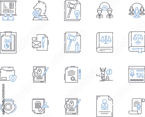 Legal department outline icons collection. Lawyer, Attorney, Litigation, Court, Compliance, Regulation, Contract vector and illustration concept set. Document, Statute, Jurisdiction linear signs