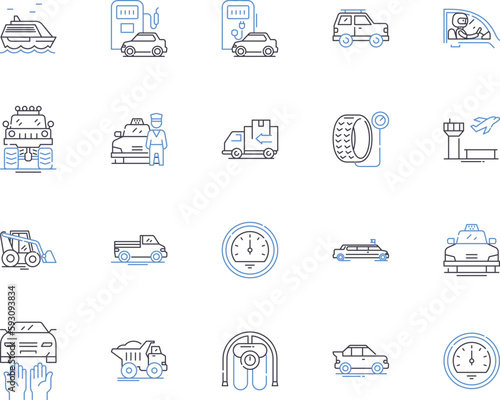 Car and logistic outline icons collection. Car, Logistic, Vehicle, Delivery, Transport, Shipment, Fleet vector and illustration concept set. Automobile, Logistics, Relocation linear signs