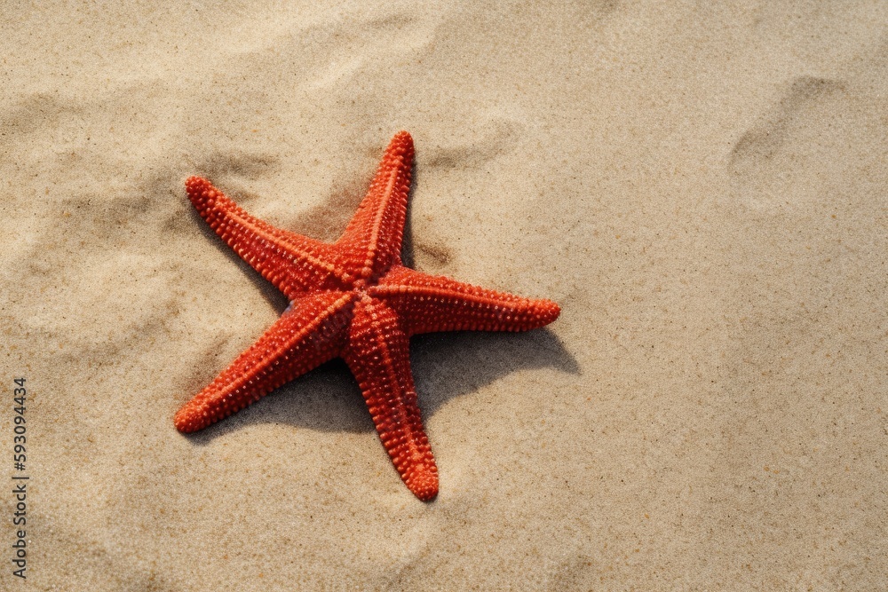 From above of big red starfish lying on sandy beach on sunny summer day. Generative AI From above of big red starfish lying on sandy beach on sunny summer day. Generative AI