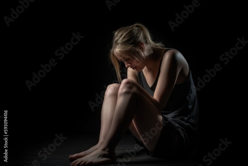 worried young female sitting on floor and crying while looking down in dark room representing concept of mental health problems and depression. Generative AI