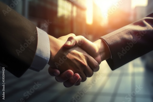 Unrecognizable businessmen in formal suits shaking hands while celebrating successful business deal on street in sunset time. Generative AI