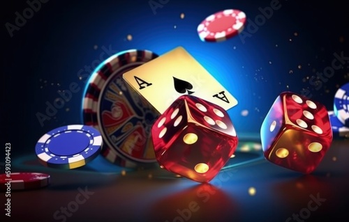 Bright colorful playing chips and dices placed near card on dark glowing background representing concept of casino. Generative AI