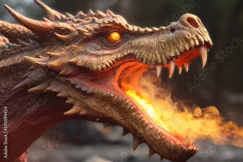 Bright dragon with glowing eyes spreading burning fire on blurred background of nature. Generative AI