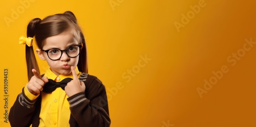 Portrait of serious little schoolgirl in uniform and eyeglasses with long hair pointing away looking at camera against yellow background. Generative AI