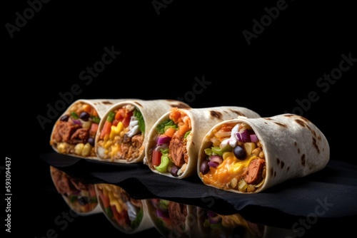 Row of appetizing fresh Mexican tortillas with vegetables and meat in crispy pitas on black background. Generative AI