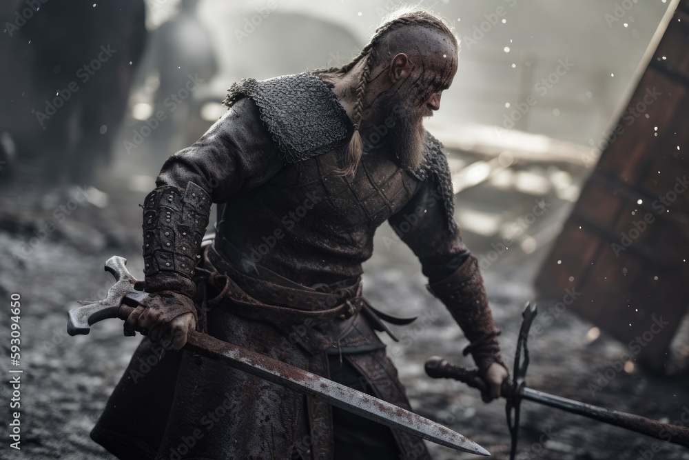 Vikings, Normans warriors and generals fighting on the battlefield, epic battle scene. Generative AI Vikings, Normans warriors and generals fighting on the battlefield, epic battle scene. Generative AI