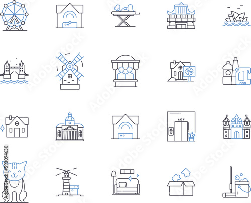Home repair services outline icons collection. Home repair, Services, Maintenance, Construction, Plumbing, Remodeling, Electrical vector and illustration concept set. Repairing, Painting, Carpentry