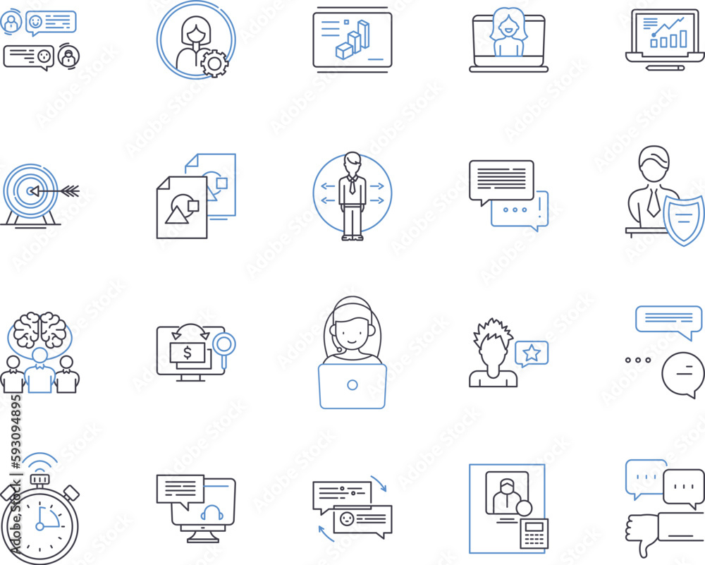 Management basics outline icons collection. Leadership, Planning, Hiring, Organising, Monitoring, Budgeting, Delegating vector and illustration concept set. Training, Communication, Time-Management